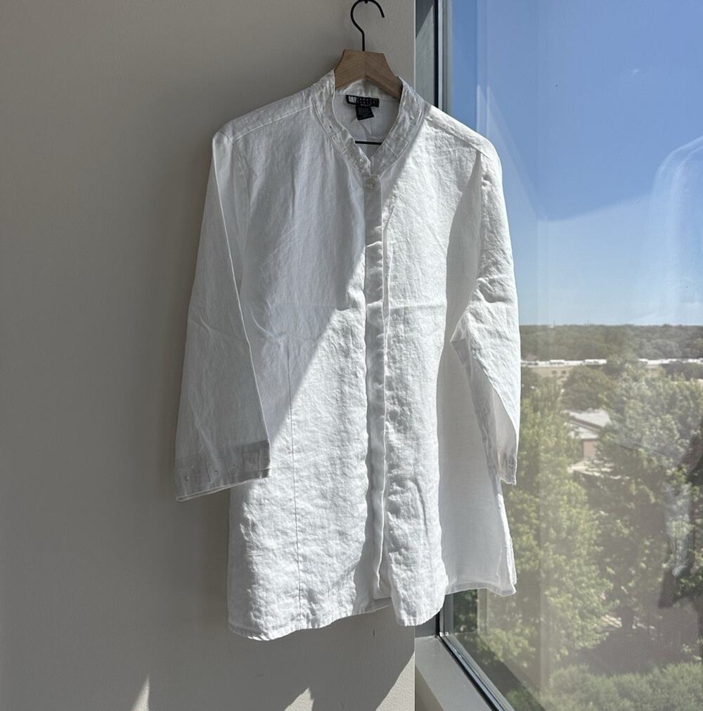 Carole Little White Linen Woven Collared Button-Up Long Sleeve Women's 2X